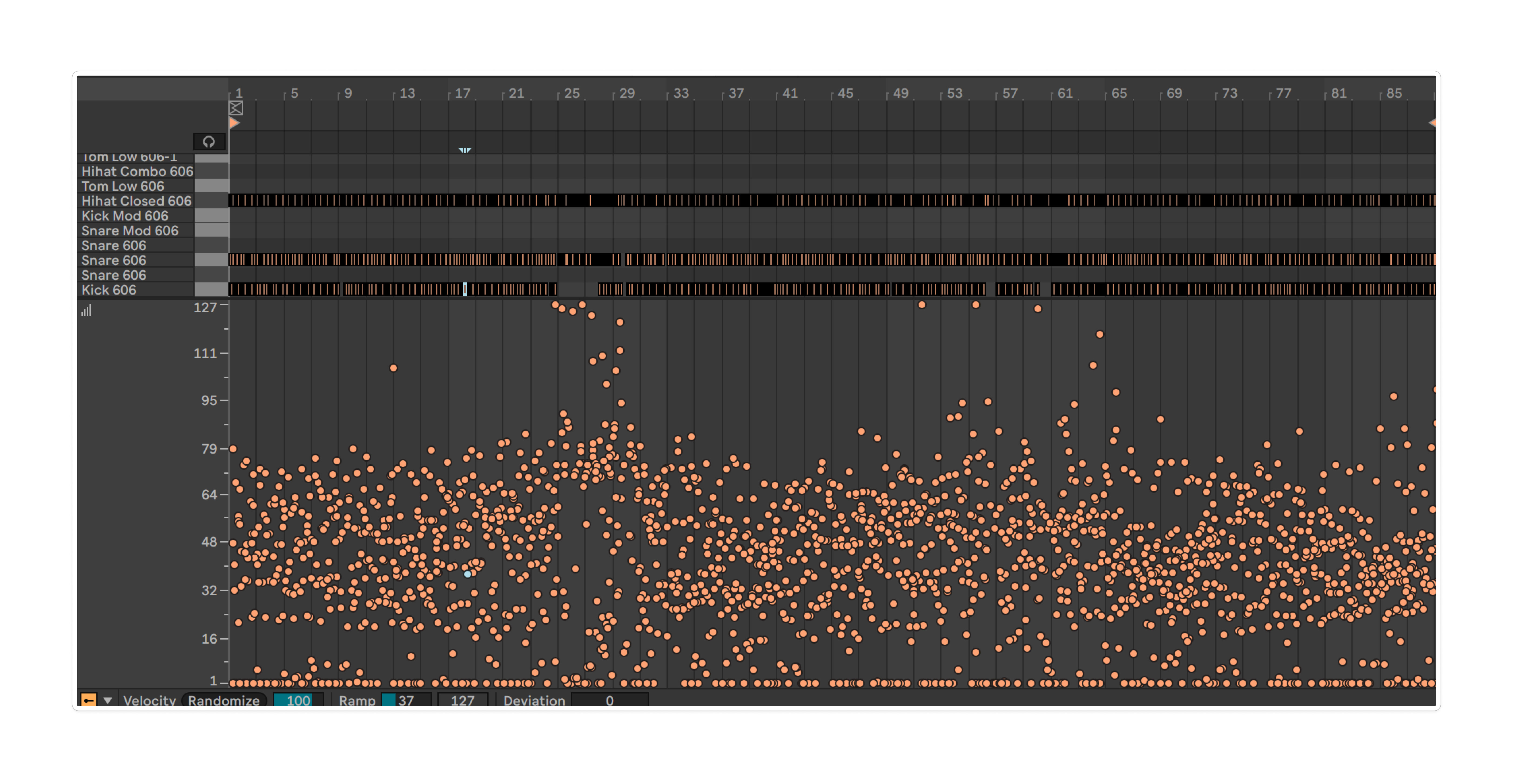 MIDI view showing drum events and velocity distribution