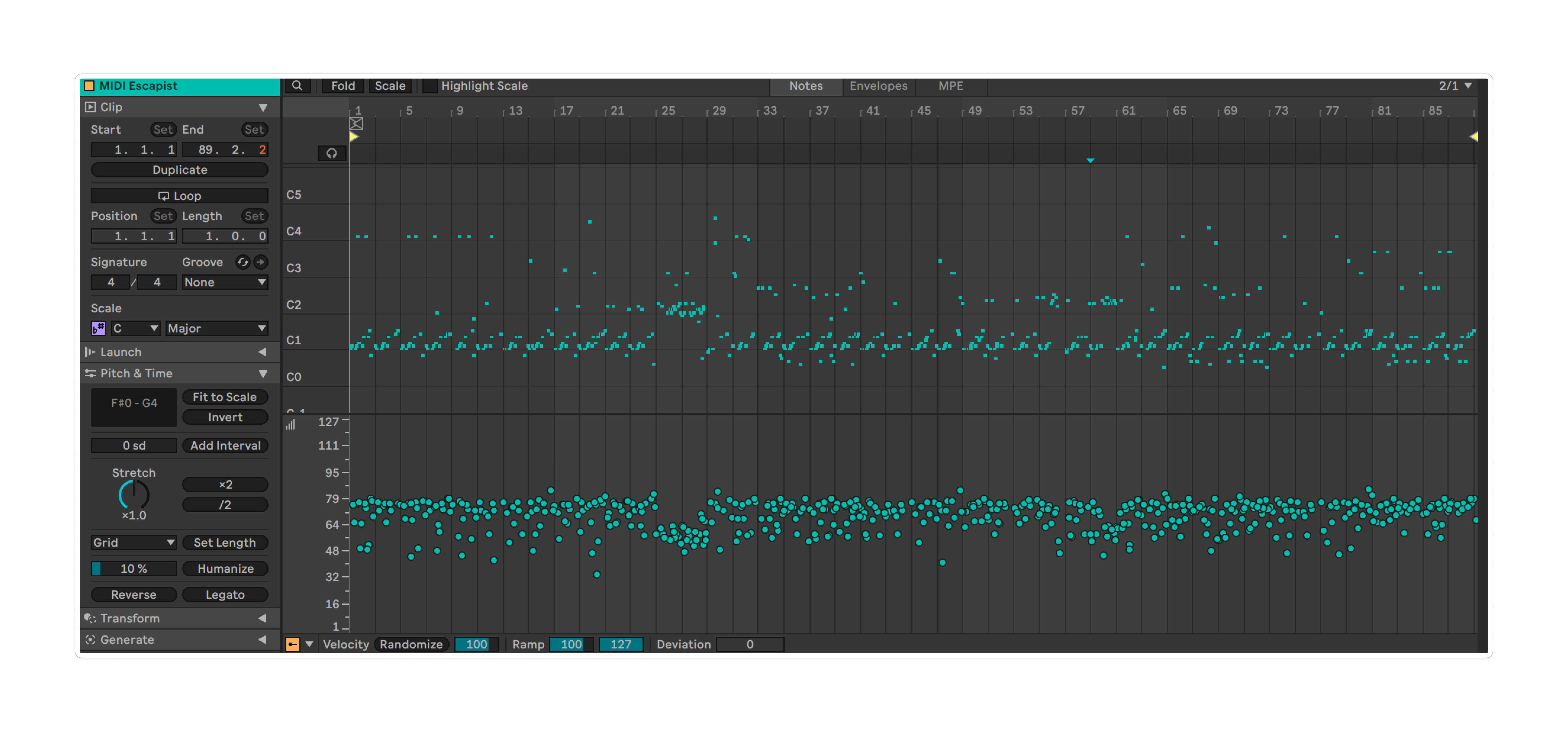 MIDI view showing melodic direction and velocity